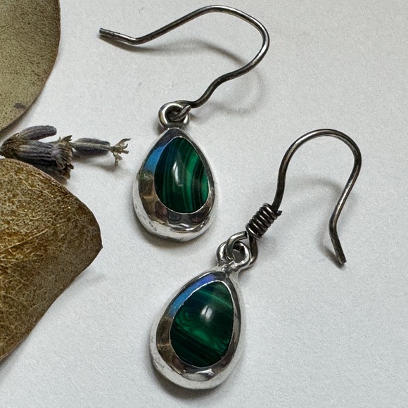 Sterling Silver Malachite Dangle Drop Earrings - Picture 7 of 9